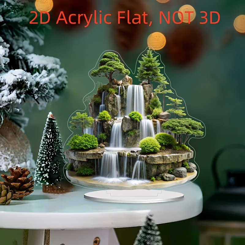 [2D Flat] 2D Acrylic Flat, Mountain Waterfall Landscape Desktop Decor - Realistic 3D Effect, No Battery Needed, Ideal for Home, Office, Cafe - Perfect Gift for Birthdays & New Home Decorations, Office Decoration | Serene Landscape | Detailed Craftsmanship, Waterfall Decor