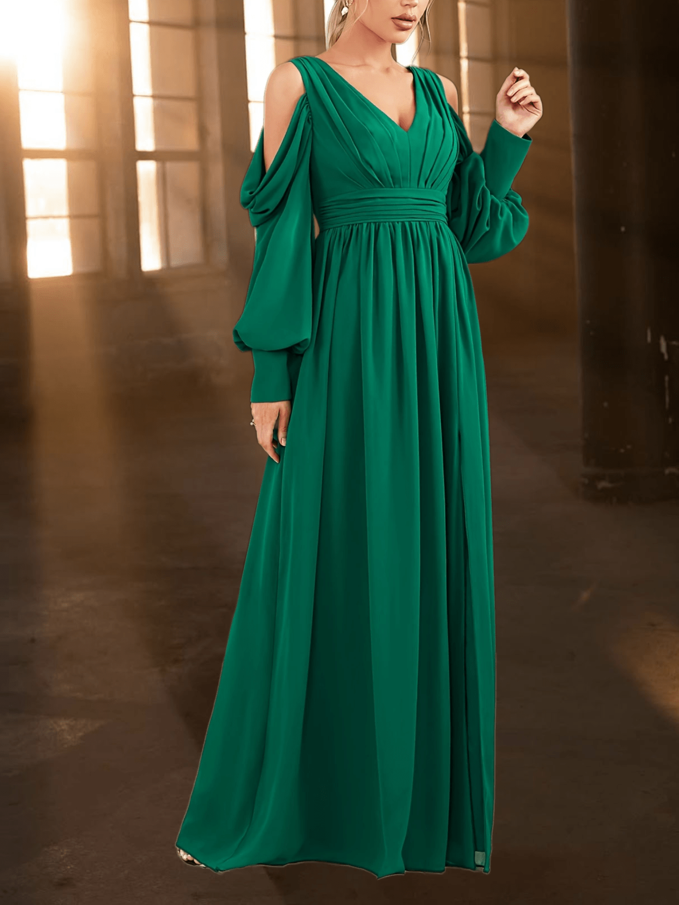 elegant v neck long sleeve shoulder maxi dress high slit - Temu Bahrain