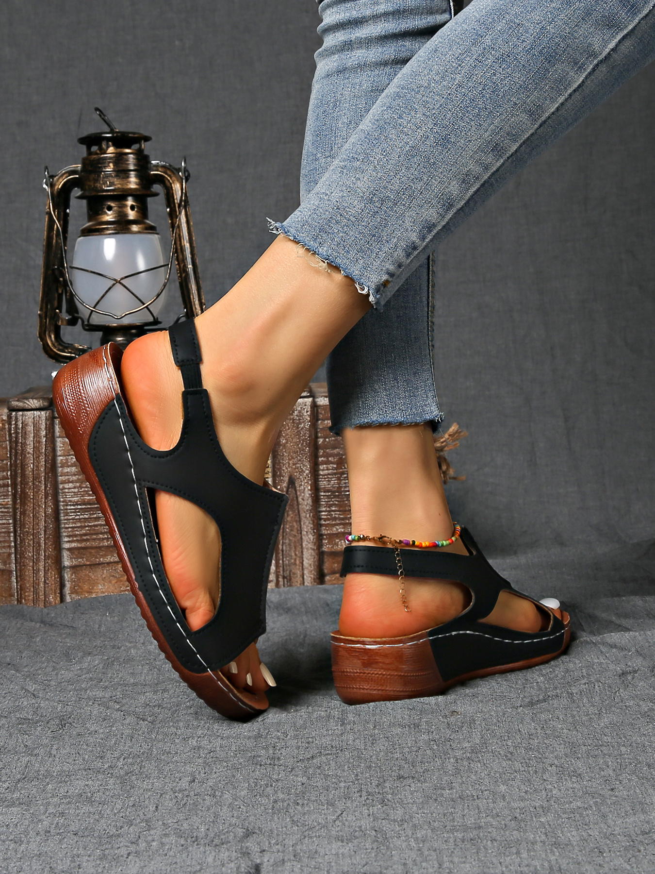 summer womens solid color wedge sports sandals casual versatile open toe simple outdoor vacation thick sole shoes summer comfortable hollowed out barefoot stretch elastic strap beach sandals Product details 24