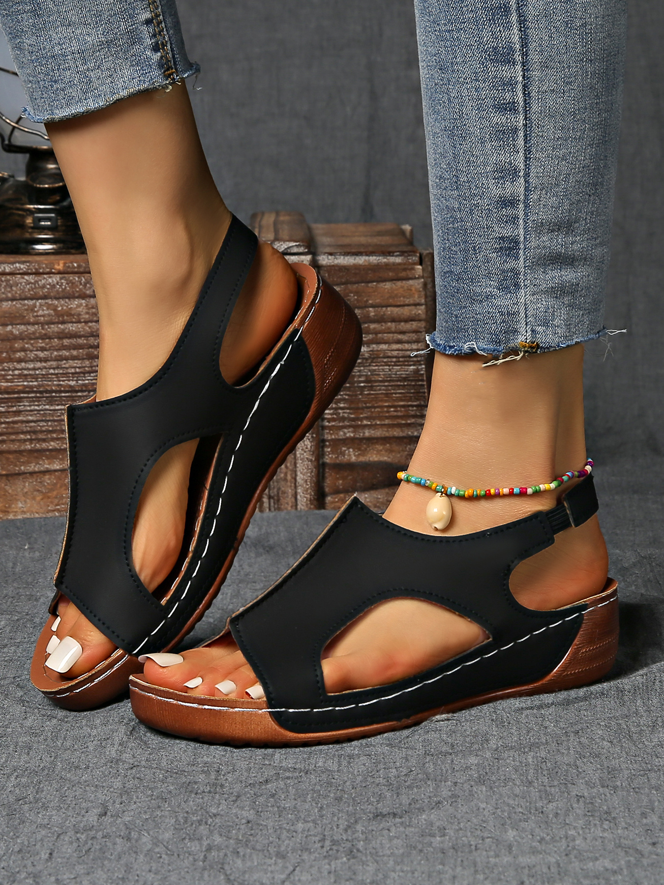 summer womens solid color wedge sports sandals casual versatile open toe simple outdoor vacation thick sole shoes summer comfortable hollowed out barefoot stretch elastic strap beach sandals Product details 25