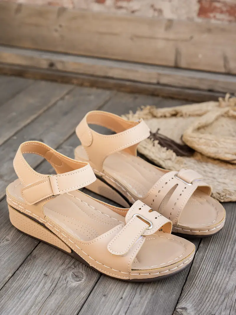 womens solid color wedge sports sandals casual versatile open toe thick sole outdoor vacation shoes summer comfortable adjustable ankle strap fashion beach sandals details 2