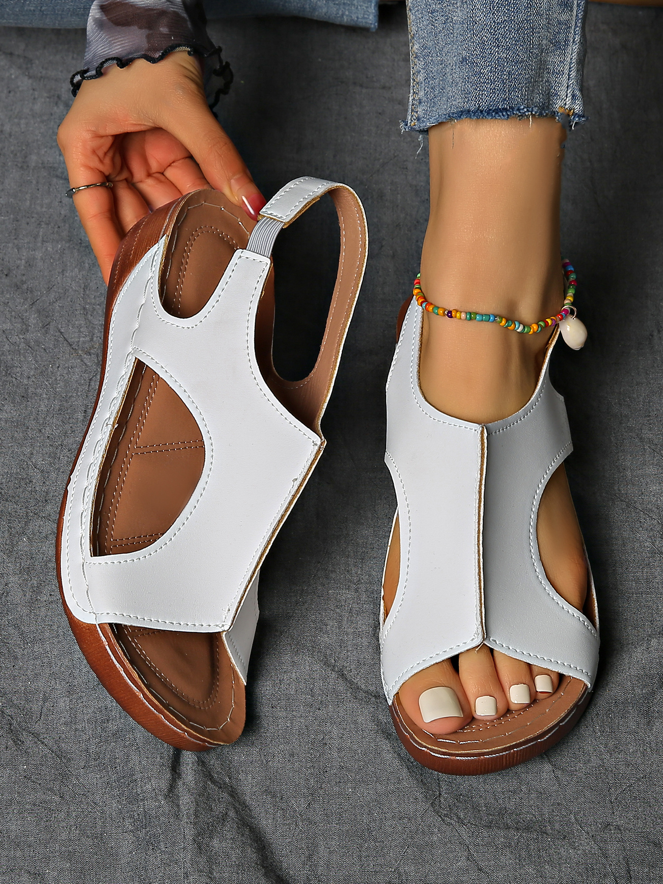 summer womens solid color wedge sports sandals casual versatile open toe simple outdoor vacation thick sole shoes summer comfortable hollowed out barefoot stretch elastic strap beach sandals Product details 14