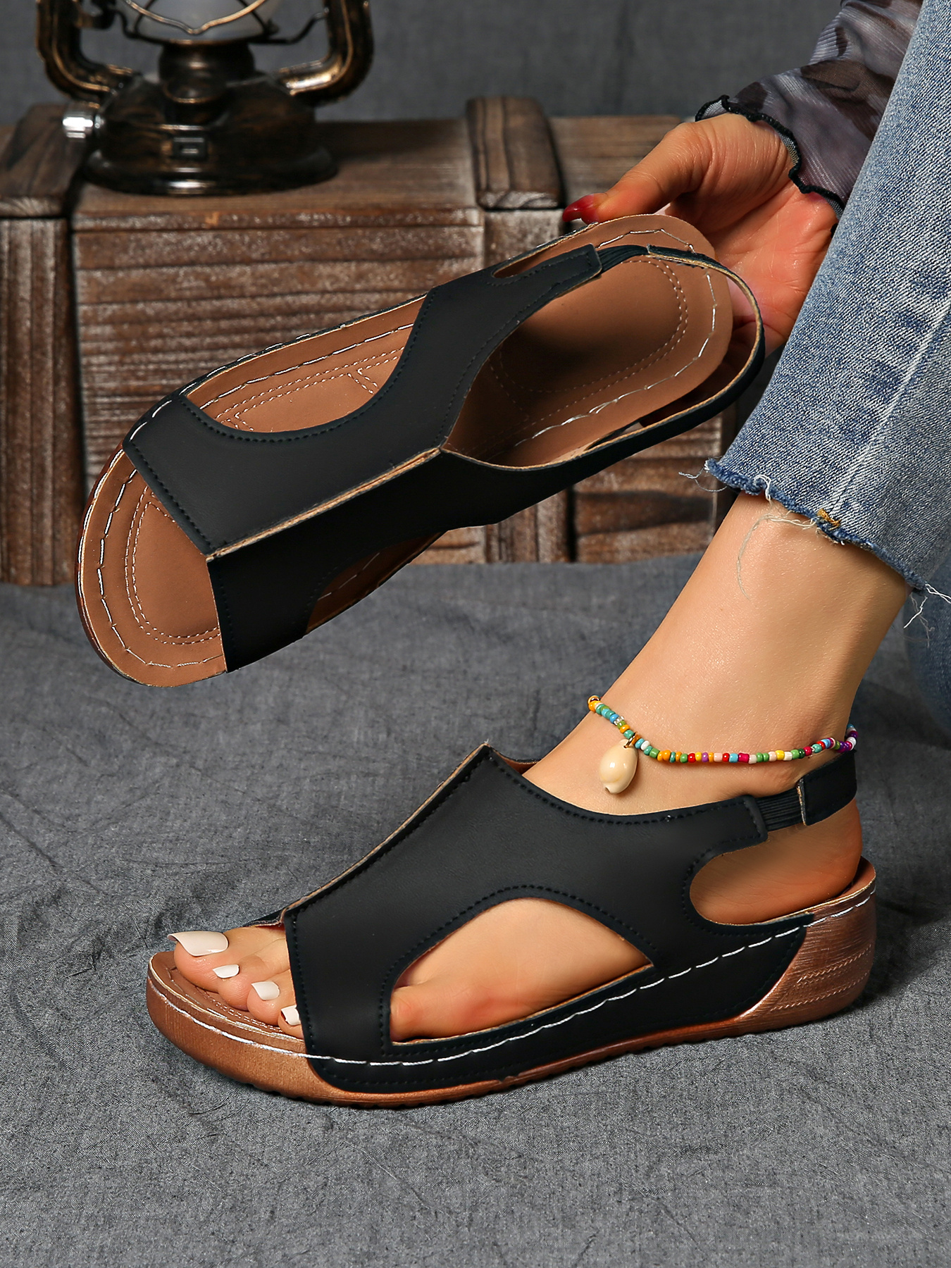 summer womens solid color wedge sports sandals casual versatile open toe simple outdoor vacation thick sole shoes summer comfortable hollowed out barefoot stretch elastic strap beach sandals Product details 23