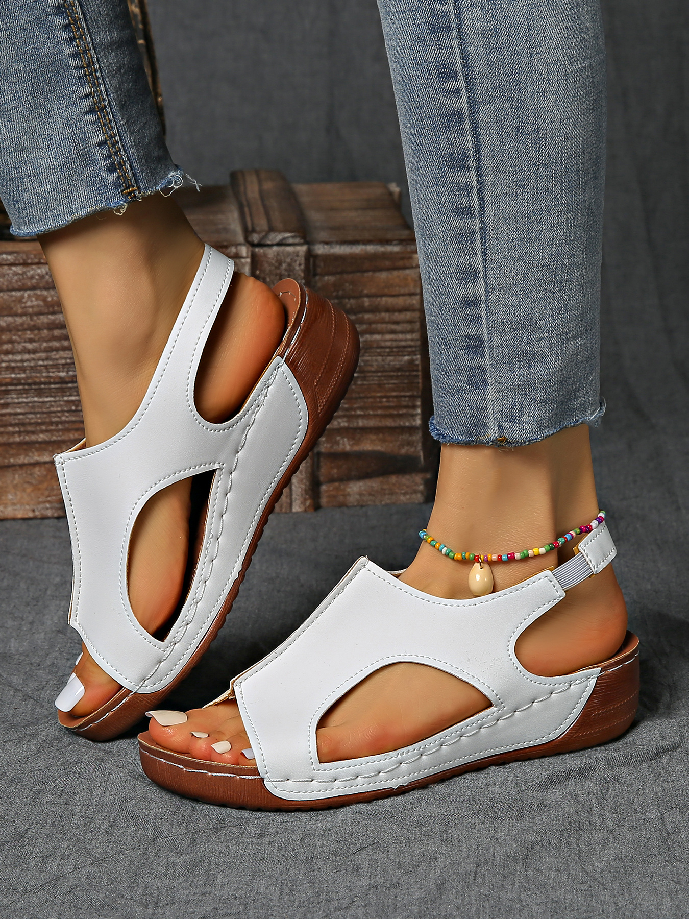 summer womens solid color wedge sports sandals casual versatile open toe simple outdoor vacation thick sole shoes summer comfortable hollowed out barefoot stretch elastic strap beach sandals Product details 13