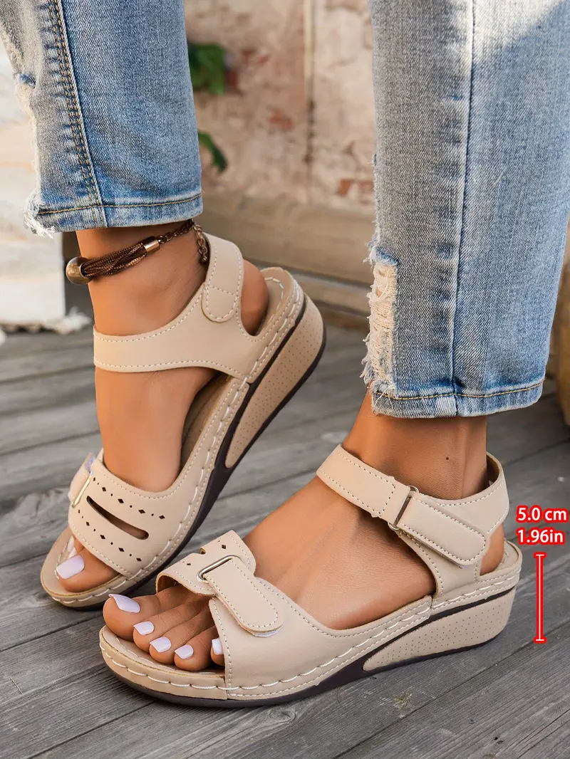 womens solid color wedge sports sandals casual versatile open toe thick sole outdoor vacation shoes summer comfortable adjustable ankle strap fashion beach sandals details 1