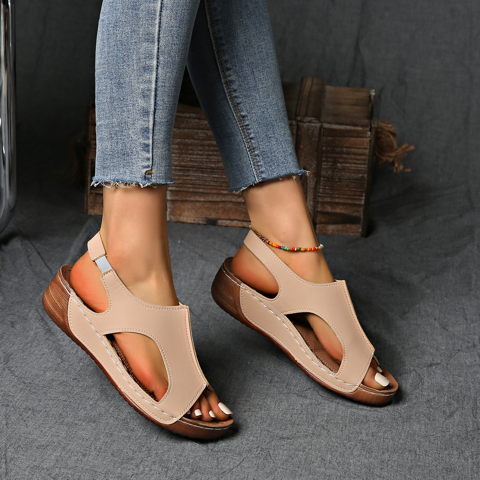 summer womens solid color wedge sports sandals casual versatile open toe simple outdoor vacation thick sole shoes summer comfortable hollowed out barefoot stretch elastic strap beach sandals Product details 8