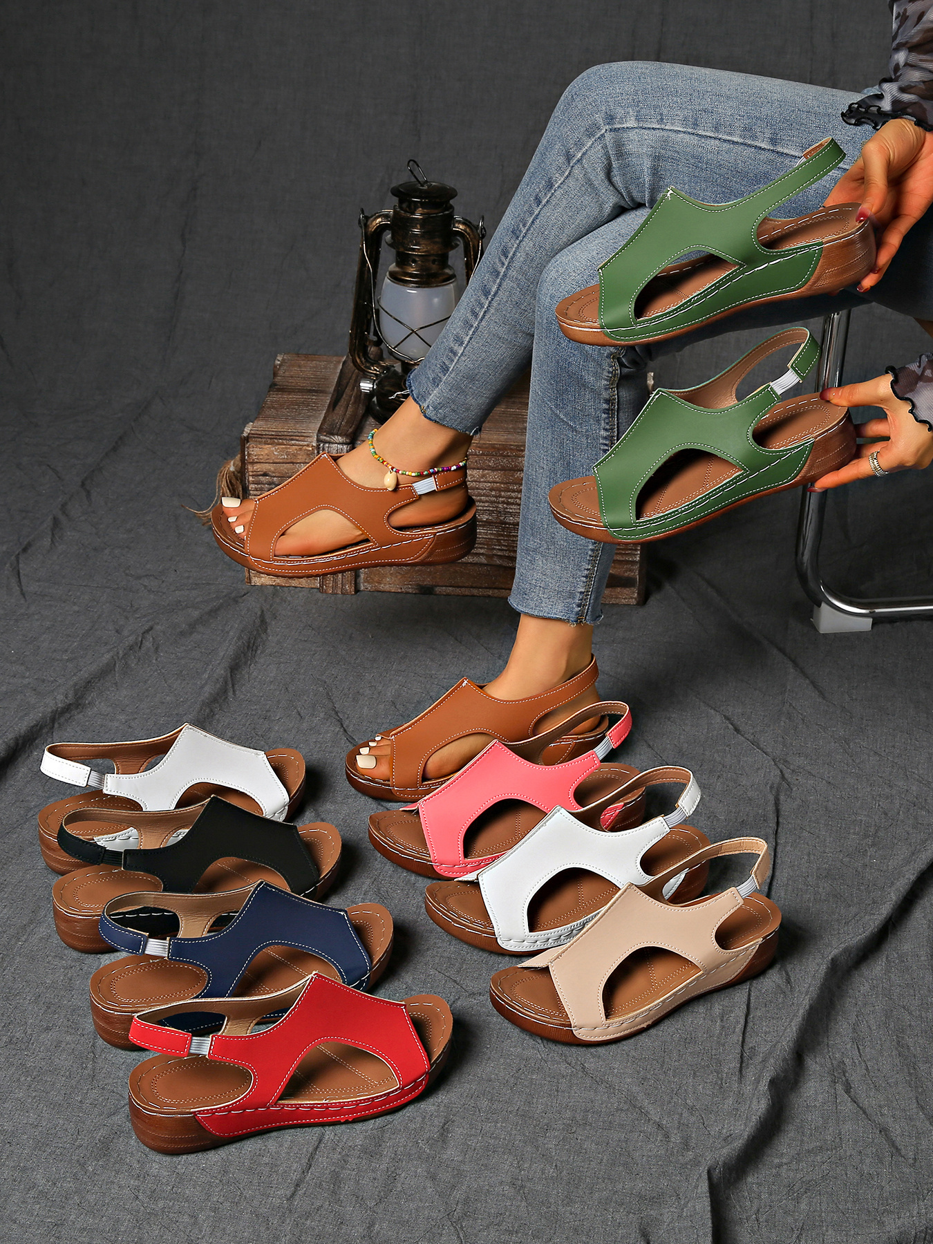 summer womens solid color wedge sports sandals casual versatile open toe simple outdoor vacation thick sole shoes summer comfortable hollowed out barefoot stretch elastic strap beach sandals Product details 2