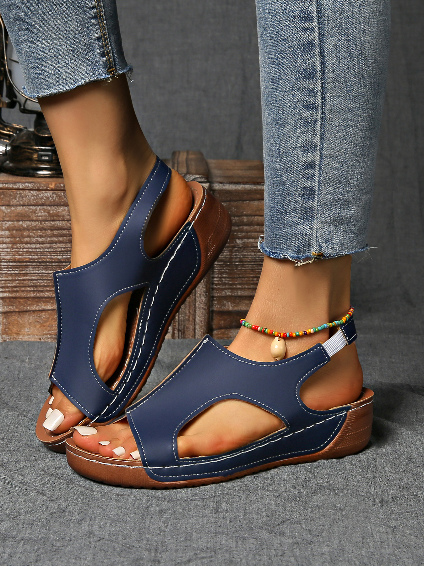 summer womens solid color wedge sports sandals casual versatile open toe simple outdoor vacation thick sole shoes summer comfortable hollowed out barefoot stretch elastic strap beach sandals Product details 16
