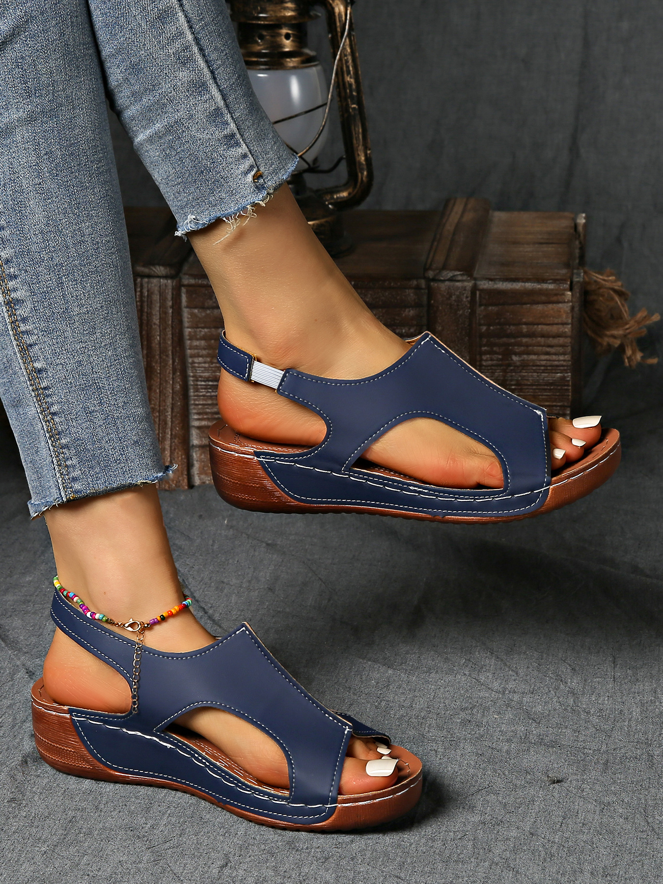 summer womens solid color wedge sports sandals casual versatile open toe simple outdoor vacation thick sole shoes summer comfortable hollowed out barefoot stretch elastic strap beach sandals Product details 19