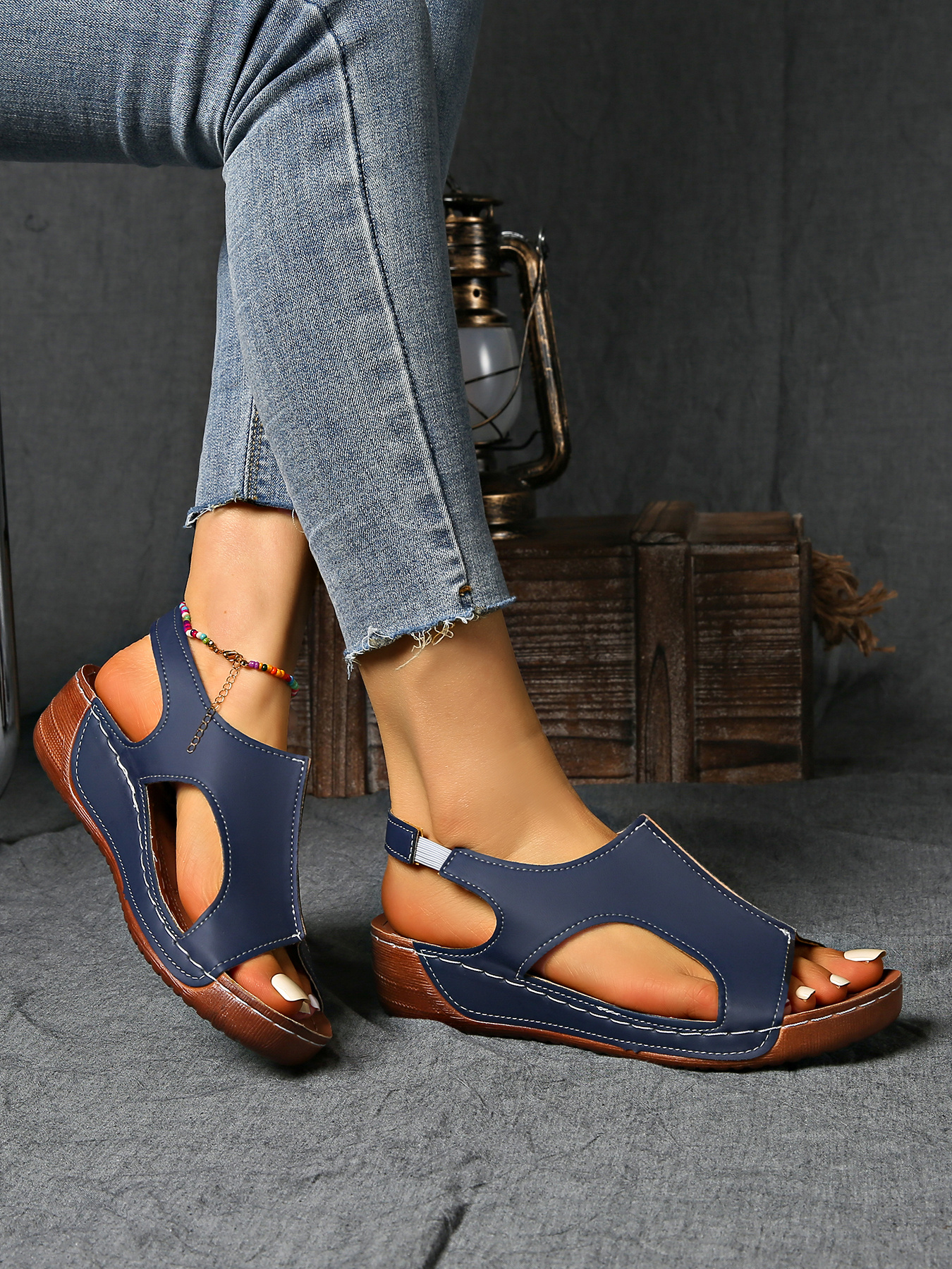 summer womens solid color wedge sports sandals casual versatile open toe simple outdoor vacation thick sole shoes summer comfortable hollowed out barefoot stretch elastic strap beach sandals Product details 18