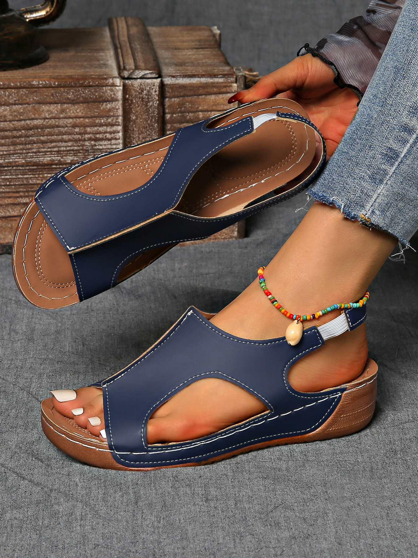 summer womens solid color wedge sports sandals casual versatile open toe simple outdoor vacation thick sole shoes summer comfortable hollowed out barefoot stretch elastic strap beach sandals Product details 20