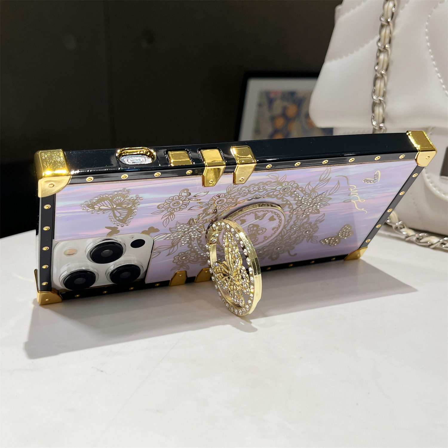 Luxury Laser Shell Pattern Case for iPhone 16 15 Pro Max 14 13 12 11 Plus Rhinestone Butterfly Stand Holder Shockproof Card