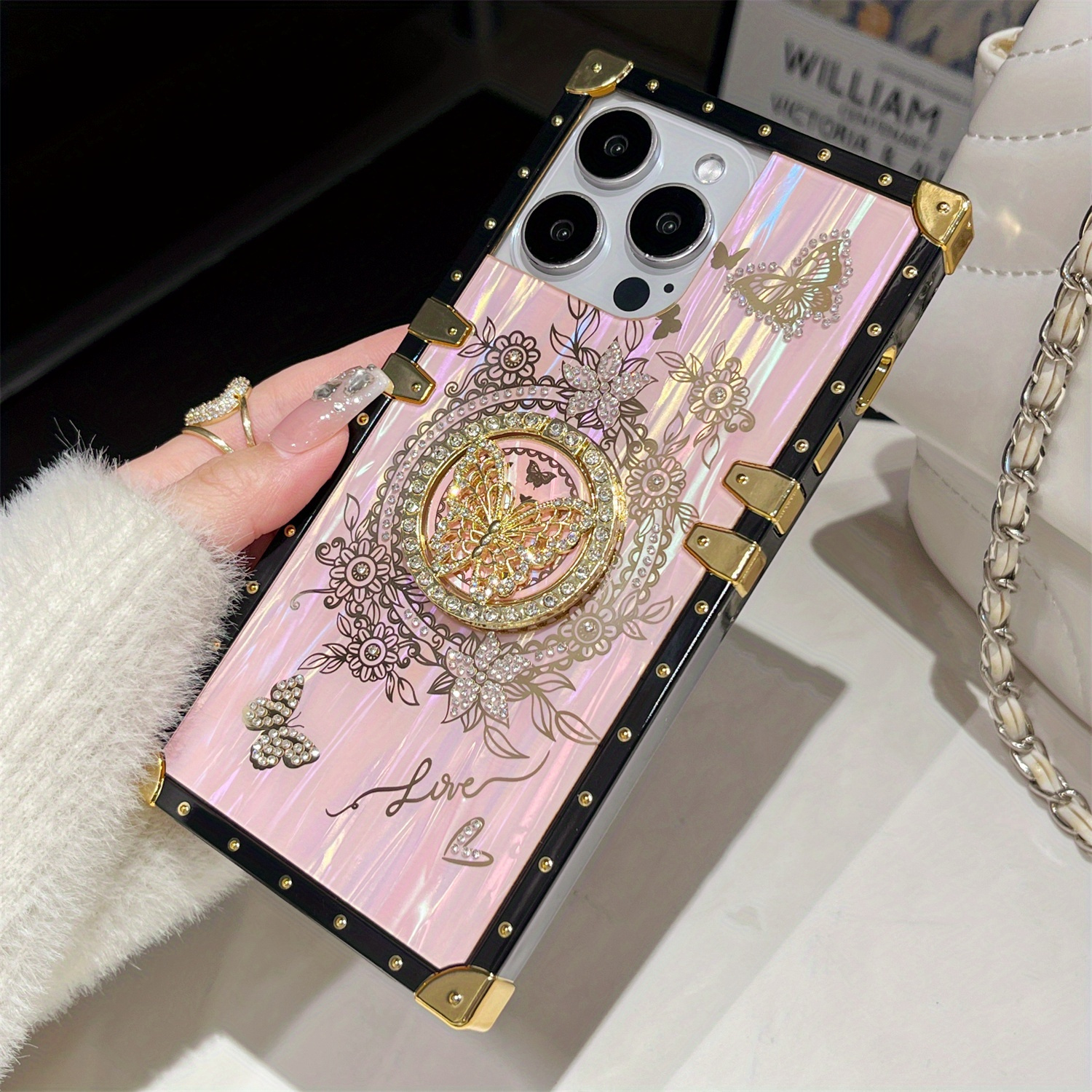 Luxury Laser Shell Pattern Case for iPhone 16 15 Pro Max 14 13 12 11 Plus Rhinestone Butterfly Stand Holder Shockproof Card