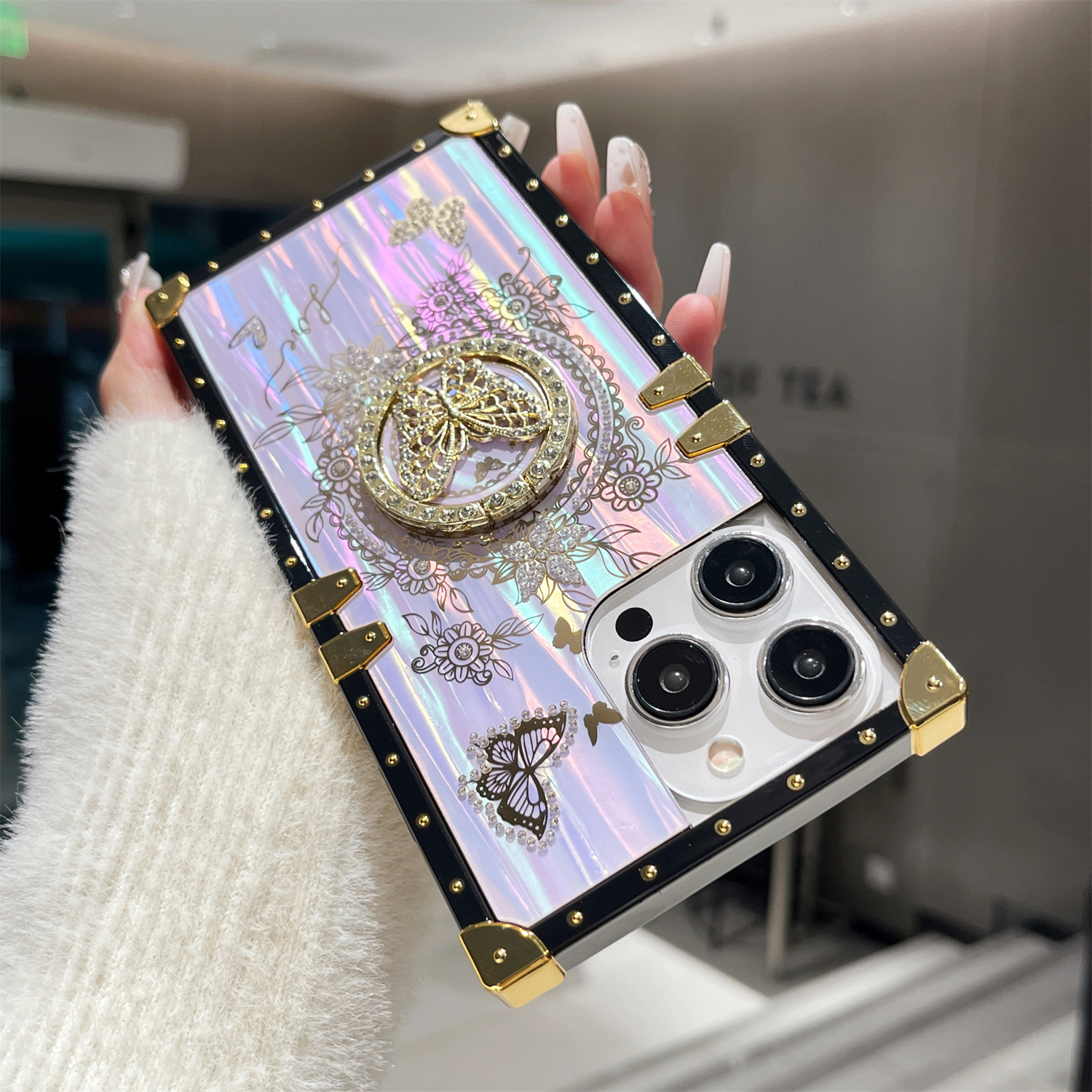 Luxury Laser Shell Pattern Case for iPhone 16 15 Pro Max 14 13 12 11 Plus Rhinestone Butterfly Stand Holder Shockproof Card
