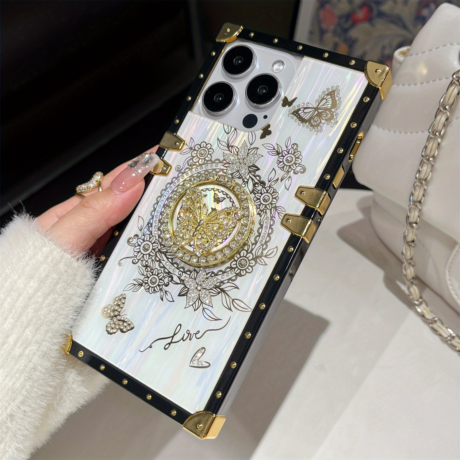 Luxury Laser Shell Pattern Case for iPhone 16 15 Pro Max 14 13 12 11 Plus Rhinestone Butterfly Stand Holder Shockproof Card