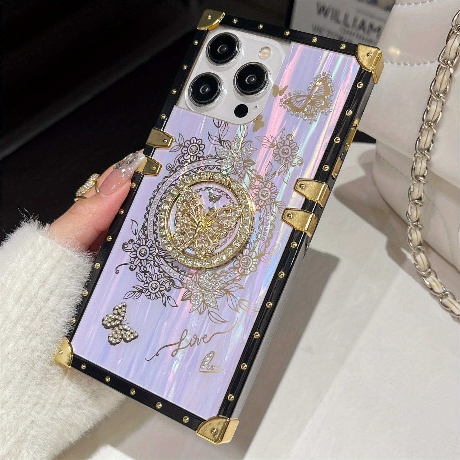 Luxury Laser Shell Pattern Case for iPhone 16 15 Pro Max 14 13 12 11 Plus Rhinestone Butterfly Stand Holder Shockproof Card