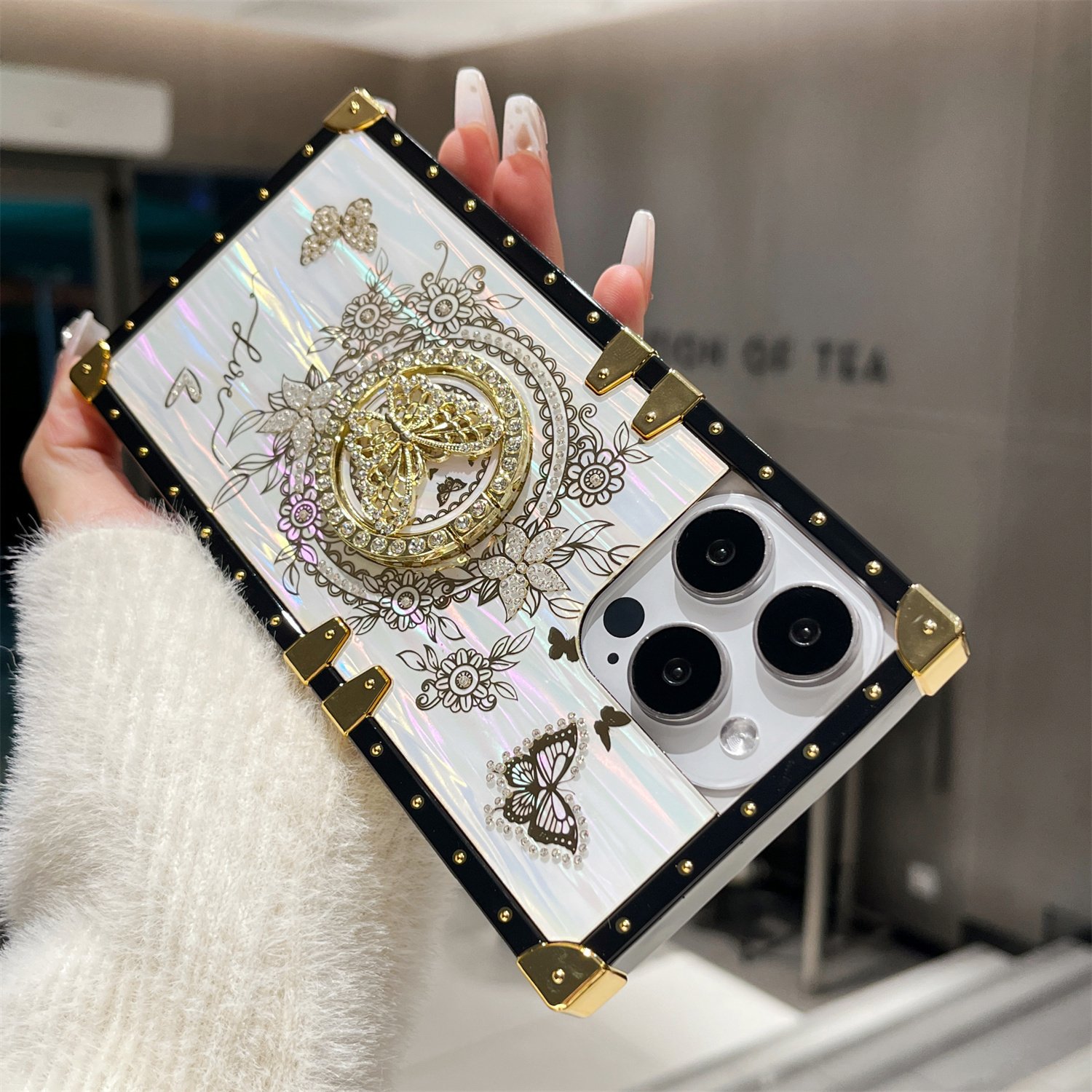 Luxury Laser Shell Pattern Case for iPhone 16 15 Pro Max 14 13 12 11 Plus Rhinestone Butterfly Stand Holder Shockproof Card