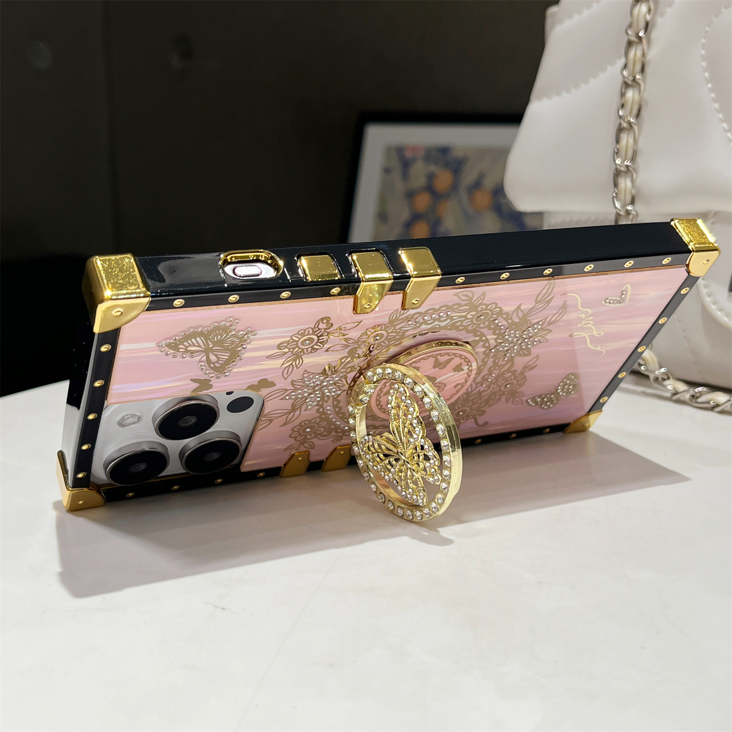 Luxury Laser Shell Pattern Case for iPhone 16 15 Pro Max 14 13 12 11 Plus Rhinestone Butterfly Stand Holder Shockproof Card