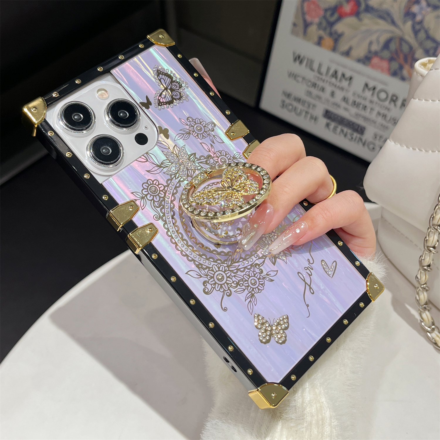 Luxury Laser Shell Pattern Case for iPhone 16 15 Pro Max 14 13 12 11 Plus Rhinestone Butterfly Stand Holder Shockproof Card
