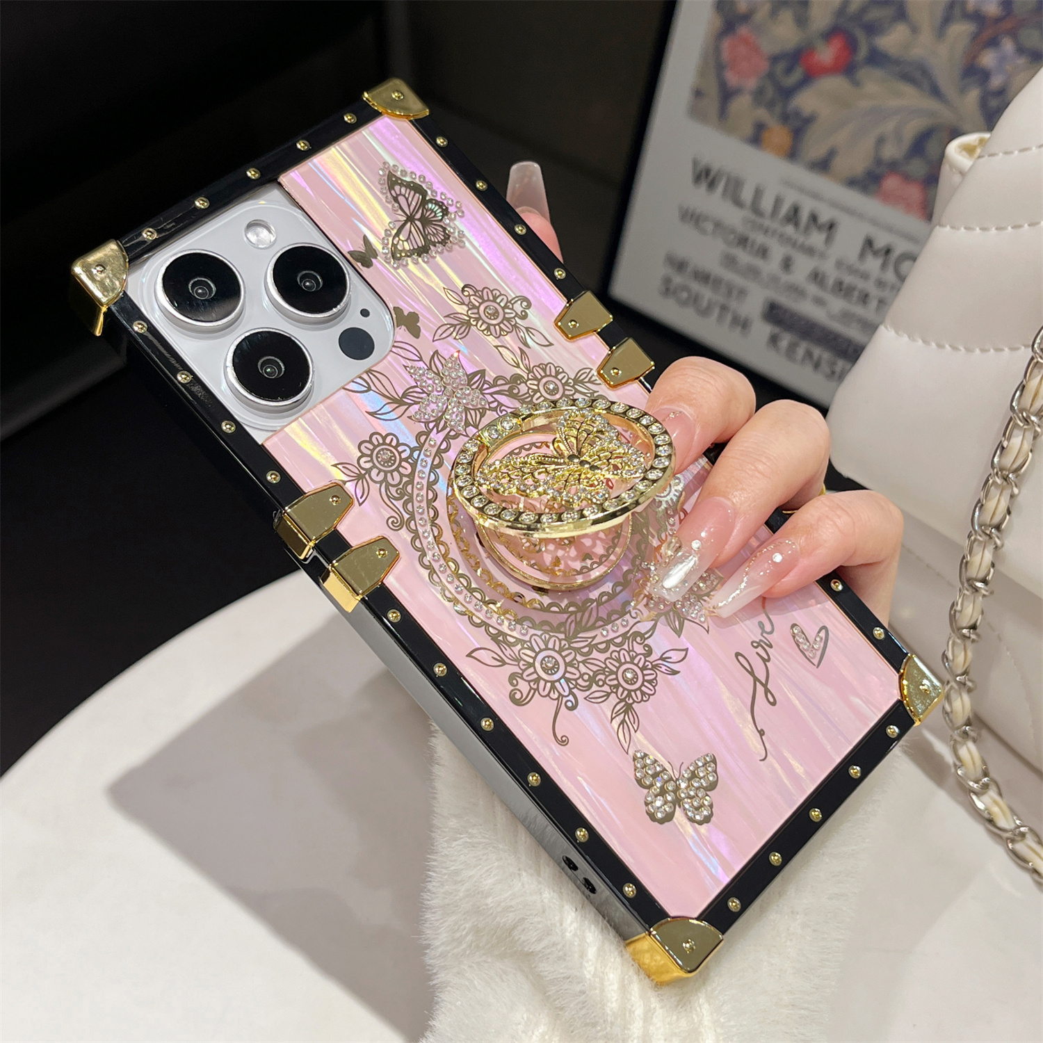 Luxury Laser Shell Pattern Case for iPhone 16 15 Pro Max 14 13 12 11 Plus Rhinestone Butterfly Stand Holder Shockproof Card