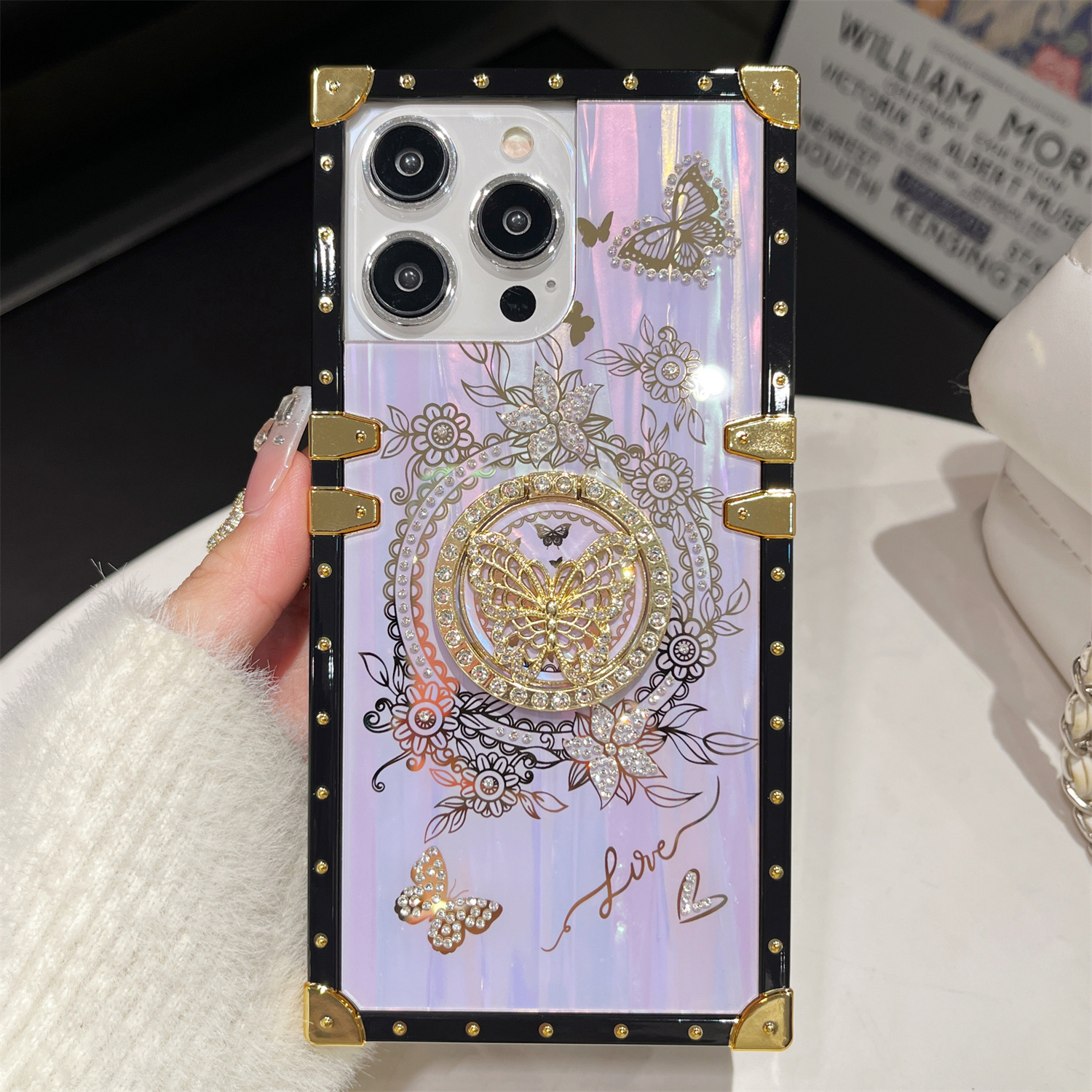 Luxury Laser Shell Pattern Case for iPhone 16 15 Pro Max 14 13 12 11 Plus Rhinestone Butterfly Stand Holder Shockproof Card