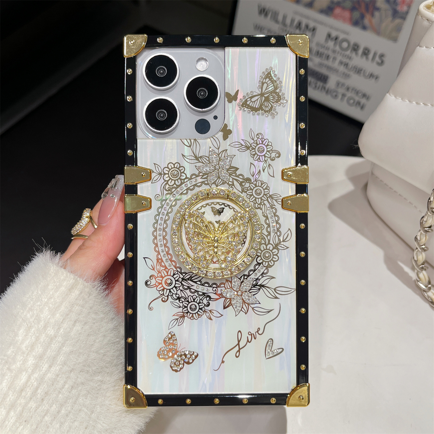 Luxury Laser Shell Pattern Case for iPhone 16 15 Pro Max 14 13 12 11 Plus Rhinestone Butterfly Stand Holder Shockproof Card