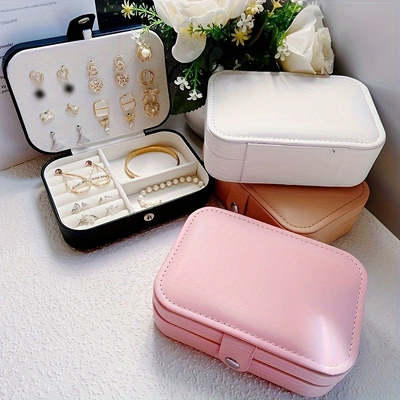1pieza Estuche de almacenamiento de joyería de cuero de PU de lujo portátil de doble capa - Estuche de cierre seguro con forro de tela suave - Organiza y exhibe aretes, collares, anillos y más - Organizador de escritorio moderno para el hogar o la oficina, Estuches de joyería