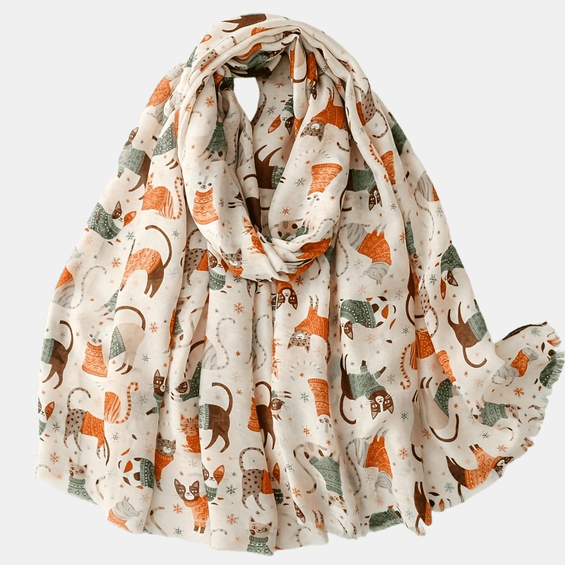 Image of Cute Cartoon Long-tailed Cat Paradise Print Scarf Long Turban Spring Autumn Sunscreen Travel Scarf Shawl