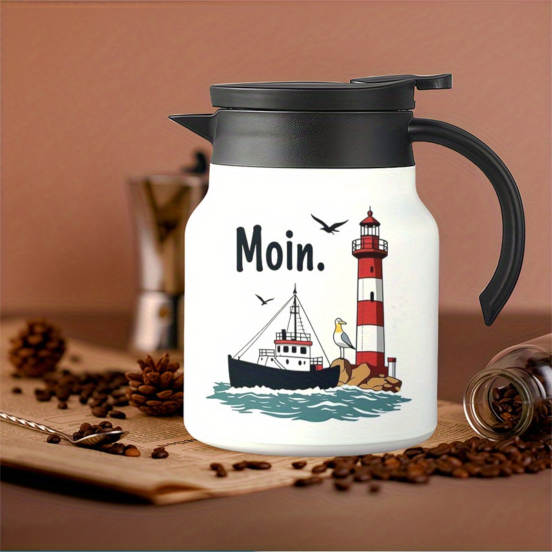 Image of Single 34oz Coffee Carafe, Tea Pot Featuring A Lighthouse And Boat Design, Insulated With Tea Strainer, Perfect For Beach , Camping Trips, , And Seaside Retreats