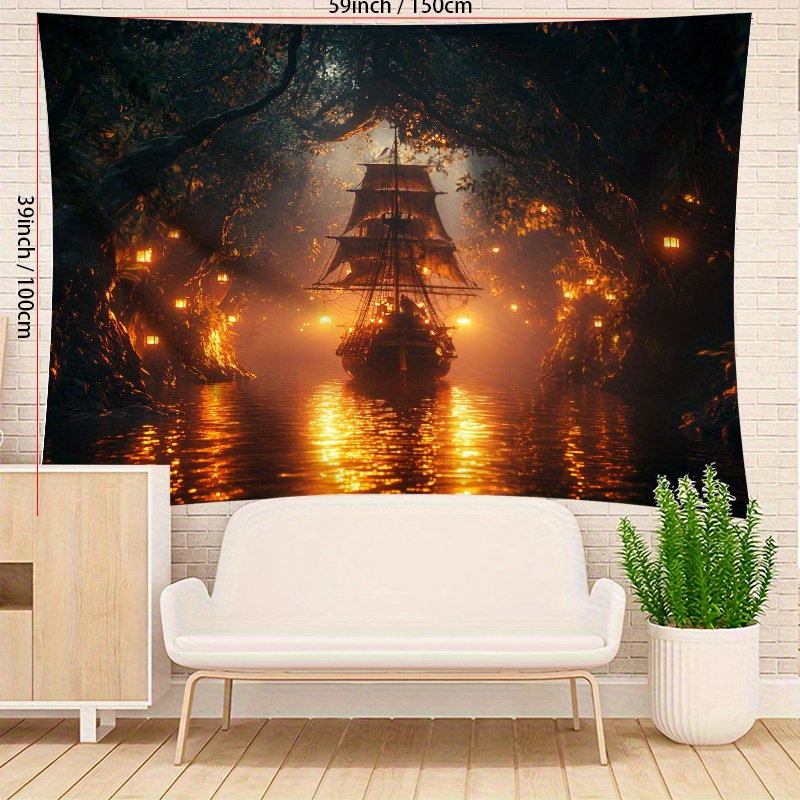 TEMU Cave Backdrop With Glowing Ship & Treasure Chests - Large Mural Wall Decal For ' Pirate-themed Room, Party Decor, Kit Included - Durable