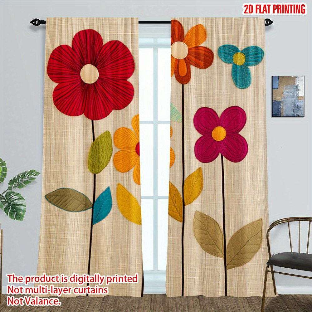 TEMU 2d Flat - 2pcs 2d Flat Print Room Curtains, 2d Flat, Printing, Colorful Floral Artwork Modern Print Curtains, Rod Pocket Installation, Suitable