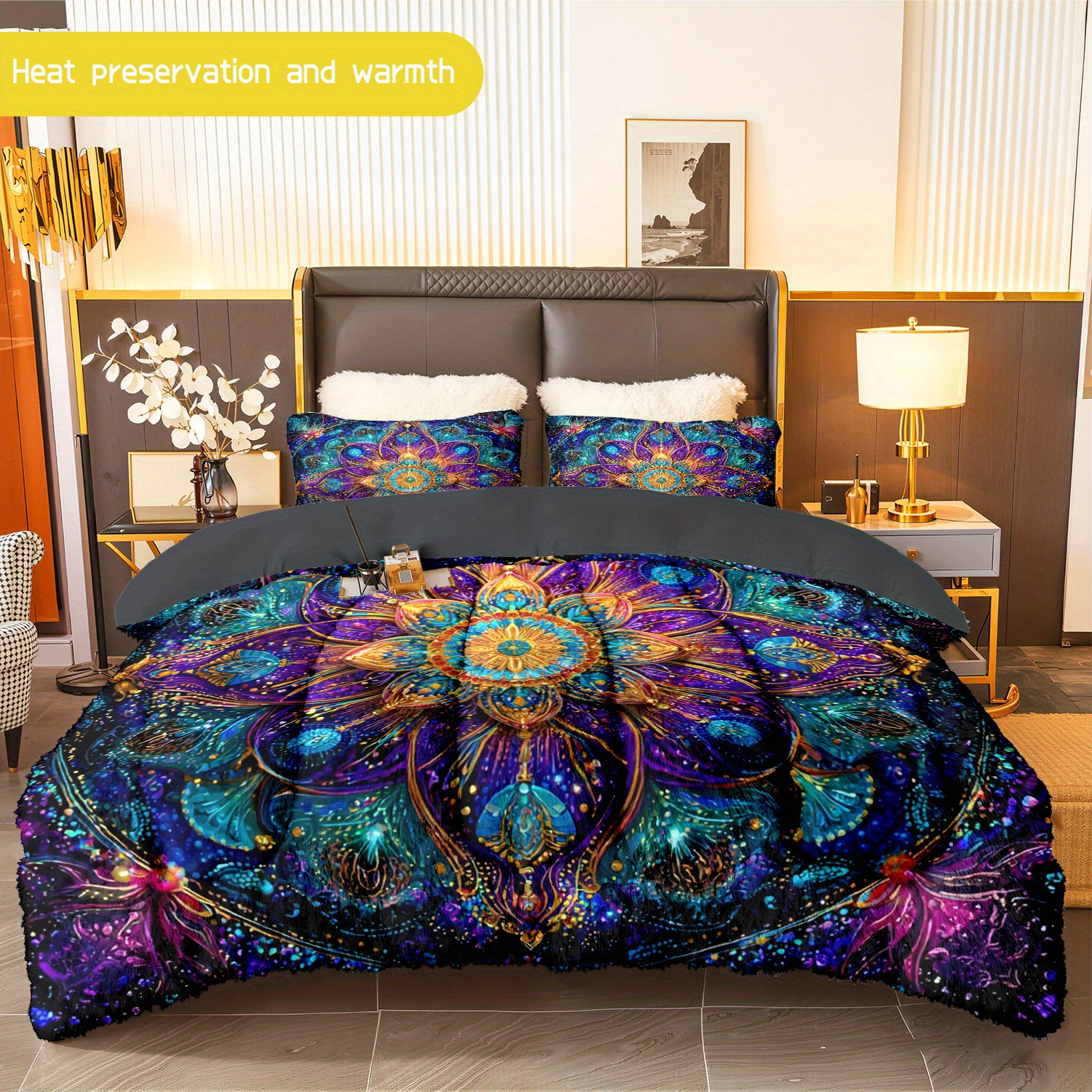 TEMU 3pcs (1 Comforter + 2 Pillowcases) Mandala Pattern Flannel & Milk Velvet Comforter Set, Soft Warm Plush Bedding Set For Adults, Cozy Flannel