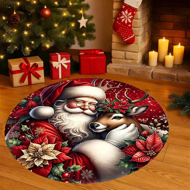 TEMU 1pc Flannel Material Christmas Flannel Round Rug, 10mm Thickness, /ã¡ Rectangle, Featuring A Santa Claus Embracing A Reindeer With Floral