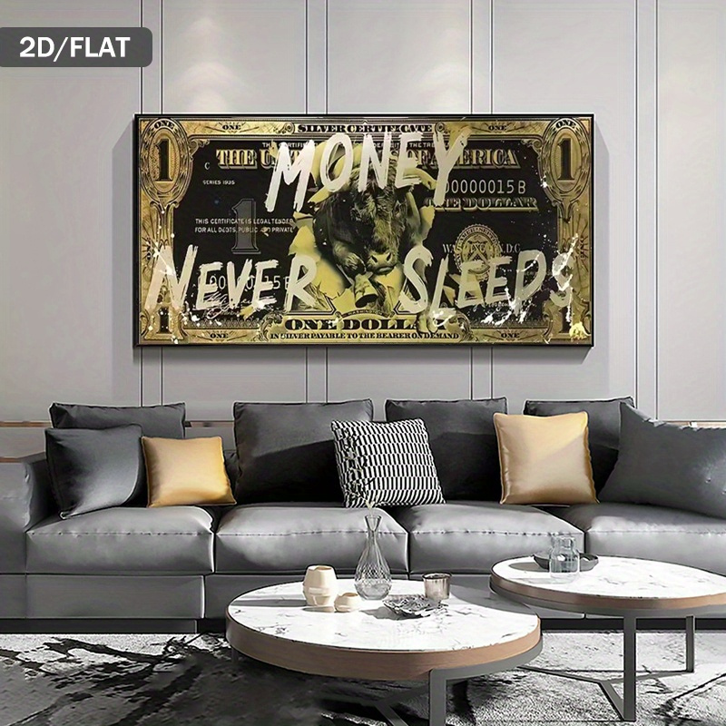 1 bucată Artă Murală Modernă Abstractă cu Tematică de Bani - Design cu Taur și Bancnotă cu Textul „Banii Nu Dorm Niciodată” - Poster Financiar Auriu și Negru pentru Birou, Living, Dormitor - Pictură pe Pânză Inspirată de Monedă, Fără Ramă (80x160cm), 2D Plat