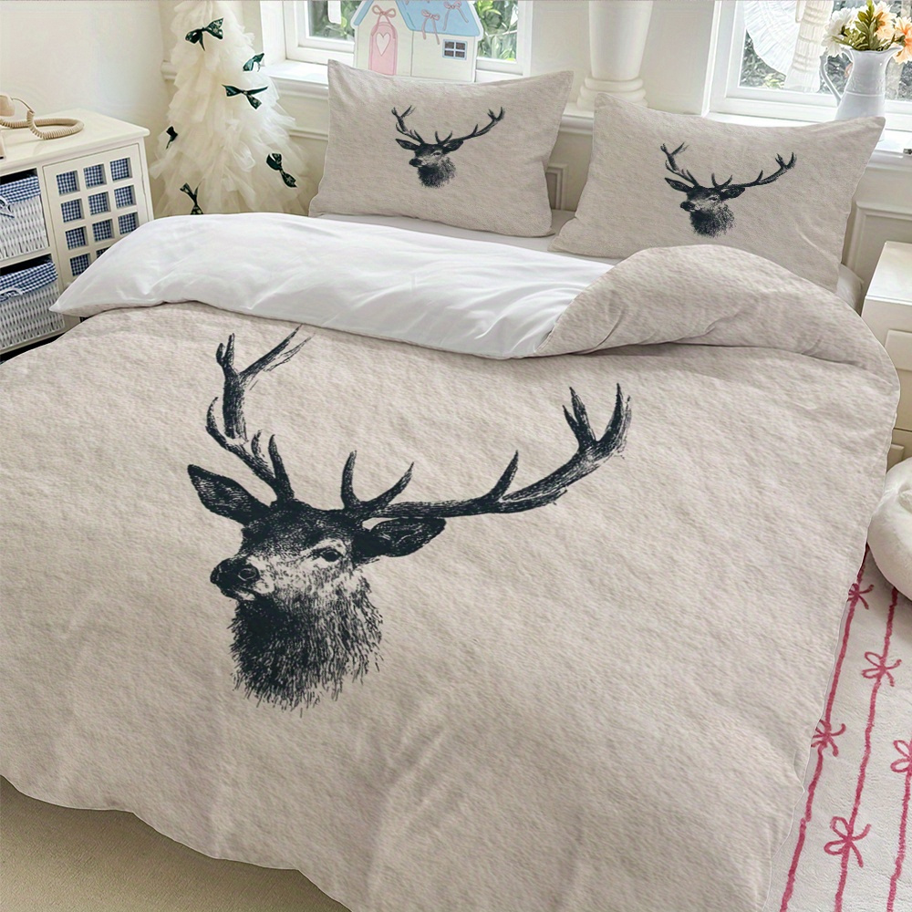 TEMU 3pcs Deer Head Black Antlers Detailed Fur Light Beige Background Bedding (1*duvet Cover   2*pillowcase Without Core) soft Comfortable And