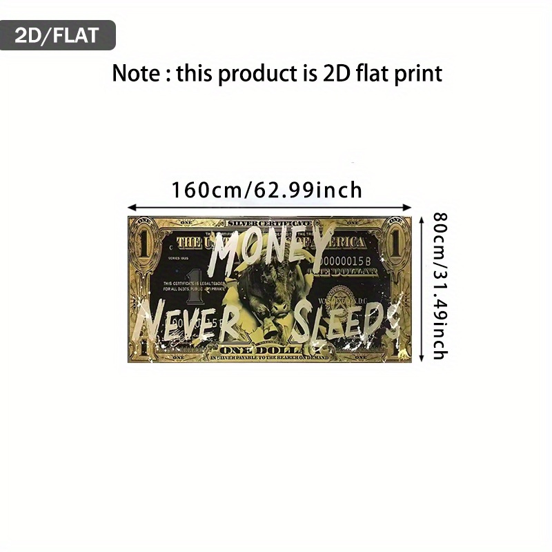 1 bucată Artă Murală Modernă Abstractă cu Tematică de Bani - Design cu Taur și Bancnotă cu Textul „Banii Nu Dorm Niciodată” - Poster Financiar Auriu și Negru pentru Birou, Living, Dormitor - Pictură pe Pânză Inspirată de Monedă, Fără Ramă (80x160cm), 2D Plat