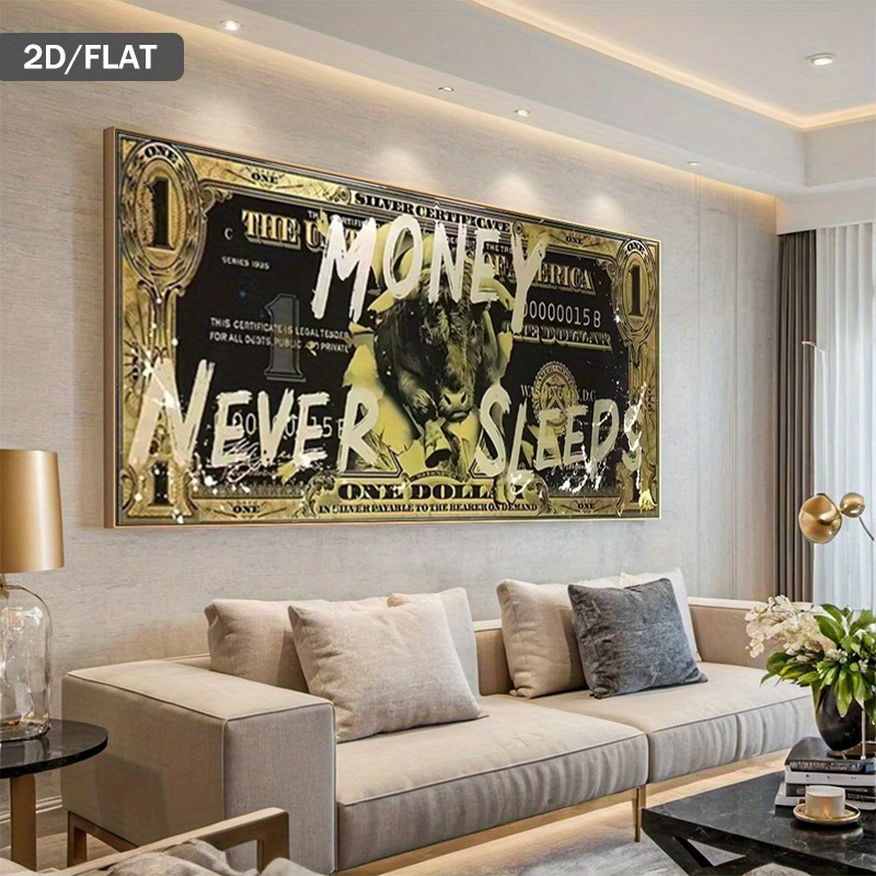 1 bucată Artă Murală Modernă Abstractă cu Tematică de Bani - Design cu Taur și Bancnotă cu Textul „Banii Nu Dorm Niciodată” - Poster Financiar Auriu și Negru pentru Birou, Living, Dormitor - Pictură pe Pânză Inspirată de Monedă, Fără Ramă (80x160cm), 2D Plat