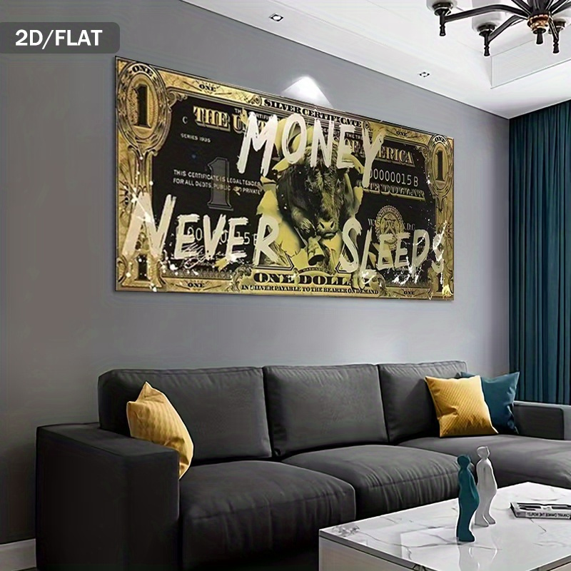 1 bucată Artă Murală Modernă Abstractă cu Tematică de Bani - Design cu Taur și Bancnotă cu Textul „Banii Nu Dorm Niciodată” - Poster Financiar Auriu și Negru pentru Birou, Living, Dormitor - Pictură pe Pânză Inspirată de Monedă, Fără Ramă (80x160cm), 2D Plat