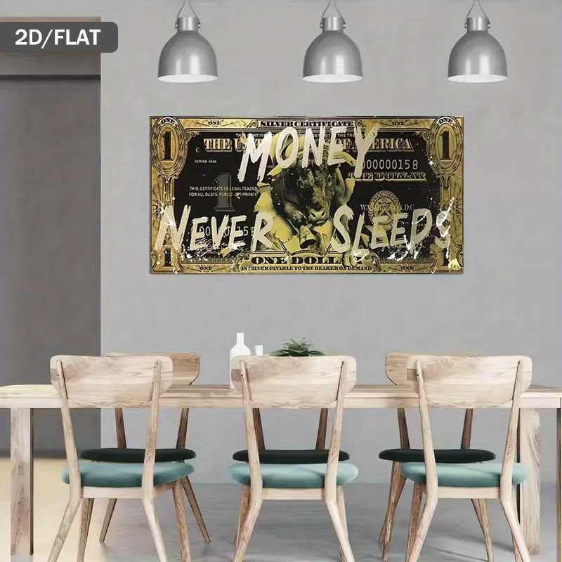 1 bucată Artă Murală Modernă Abstractă cu Tematică de Bani - Design cu Taur și Bancnotă cu Textul „Banii Nu Dorm Niciodată” - Poster Financiar Auriu și Negru pentru Birou, Living, Dormitor - Pictură pe Pânză Inspirată de Monedă, Fără Ramă (80x160cm), 2D Plat