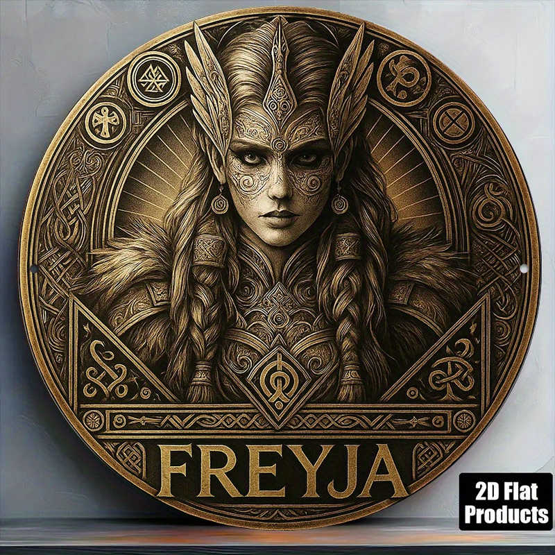TEMU 2d Flat, 1pc2d Flat - A 2d Flat, 20.32x20.32cm Round Aluminum Sign In French, Featuring A Vintage Decorative Plaque 'norse Goddess', 'freyja'
