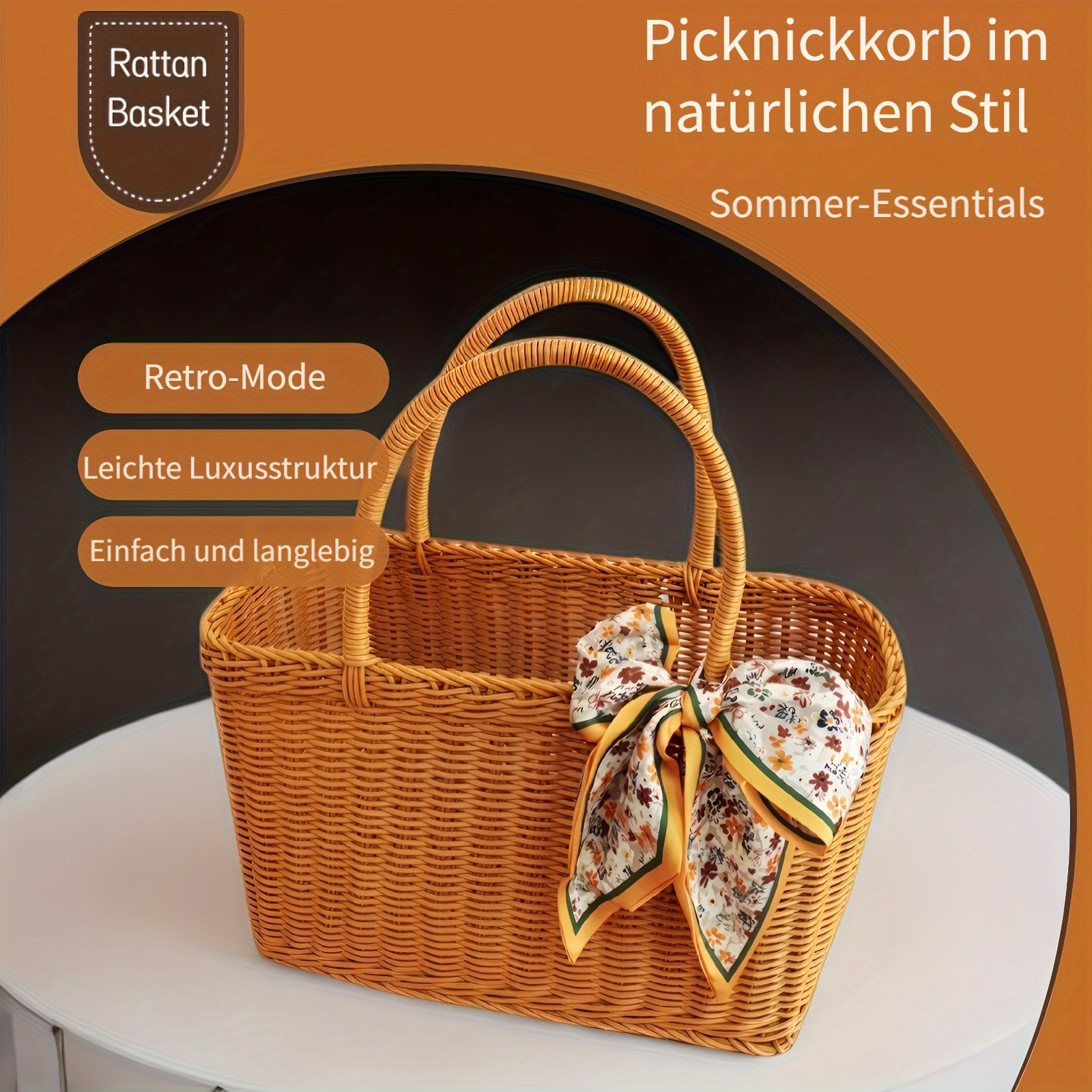 Handgewebter Rattan-Einkaufskorb Von Tengtian - Nantucket Style, 26x16 Cm, Natürlich & Stylisch - Perfekte Tragetasche