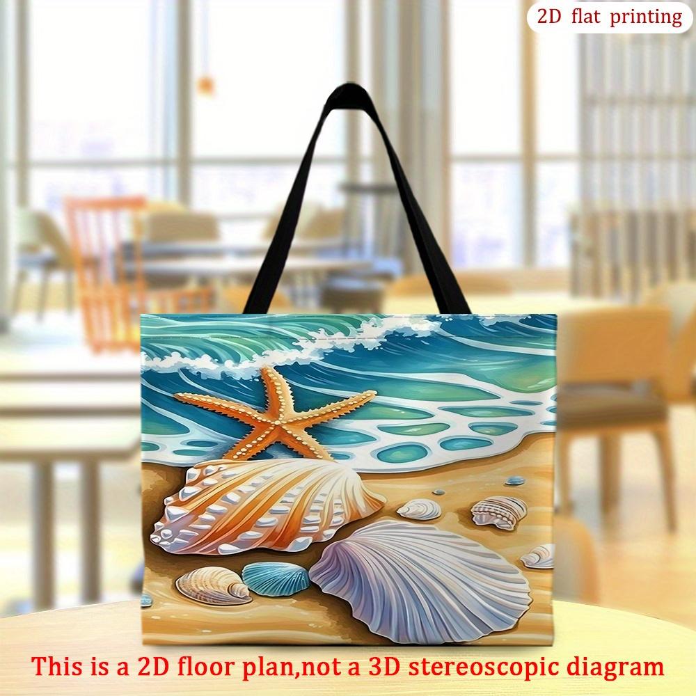 TEMU 1 pieza Bolsa de Playa de y Concha Azul y Dorada - Impresión 2D de del y Conchas, Bolsa Casual de Asa y Duradera, Lavable a /Máquina, para