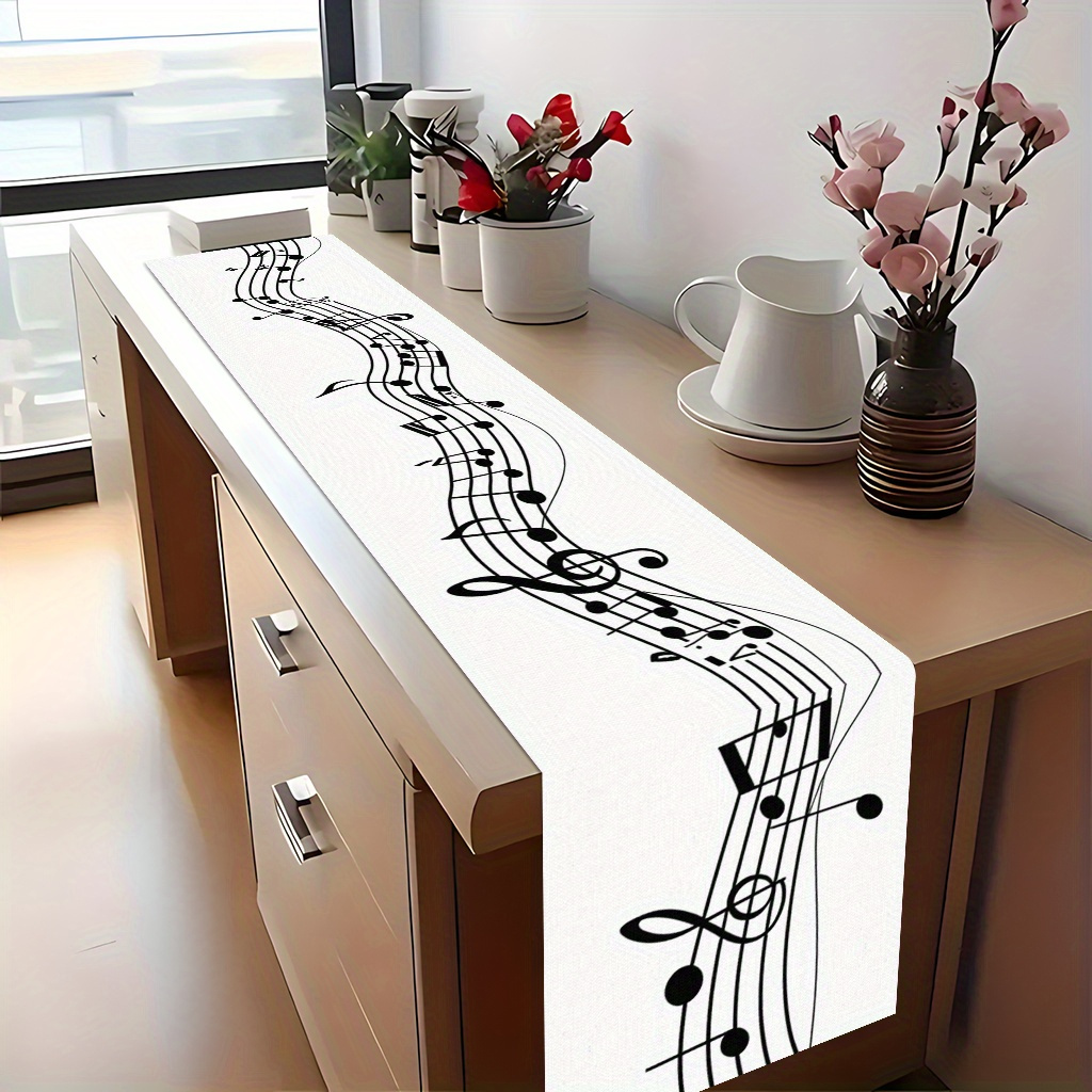 Tablecover 1pc, A Black And White Image Of Staff1, Holiday Decorative Tablecloth, Polyester Fiber, Rectangular Table Runner, Suitable For Weddings, Kitchens, Dinners, Holidays