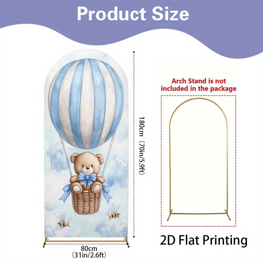 TEMU 2d Flat, 1pc Teddy Bear In Balloon Arch Backdrop - Elegant Polyester Photography Background With & Striped Hot Air , Perfect For Weddings,