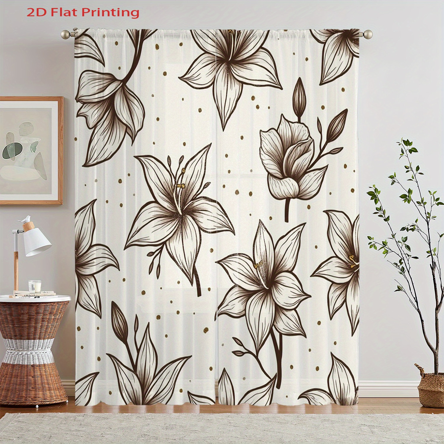 TEMU 2d Flat - 2pcs 2d Printed 21.65x59in/55x150cm, Sheer Curtains Brown Lily Pattern With Dots On Light Background For Window Screen, Rod Pocket