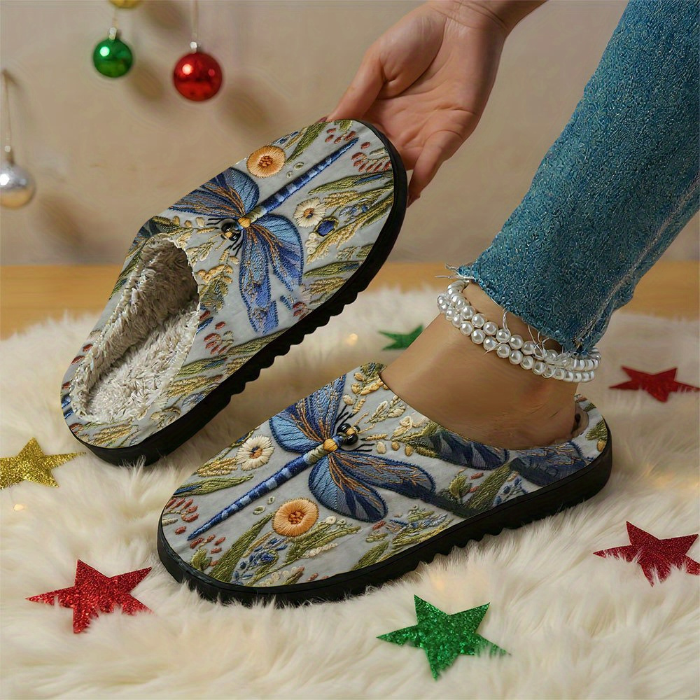 TEMU 1 Pair Winter Plush Slippers With Embroidered Dragonfly & Floral - Unisex Thick Warm Slip- Indoor/outdoor Shoes Suitable For, Holiday Birthday