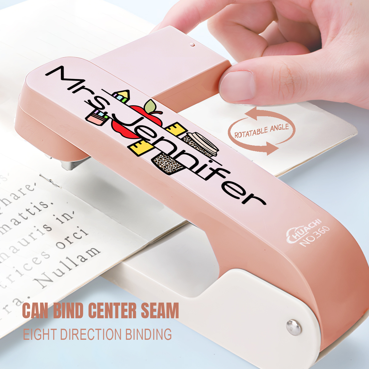 TEMU [customizable Name] Light Pink Ergonomic Stapler, 360° Rotating Effortless Manual Ironing Stapler, Of Binding 25 Pages. Office And School