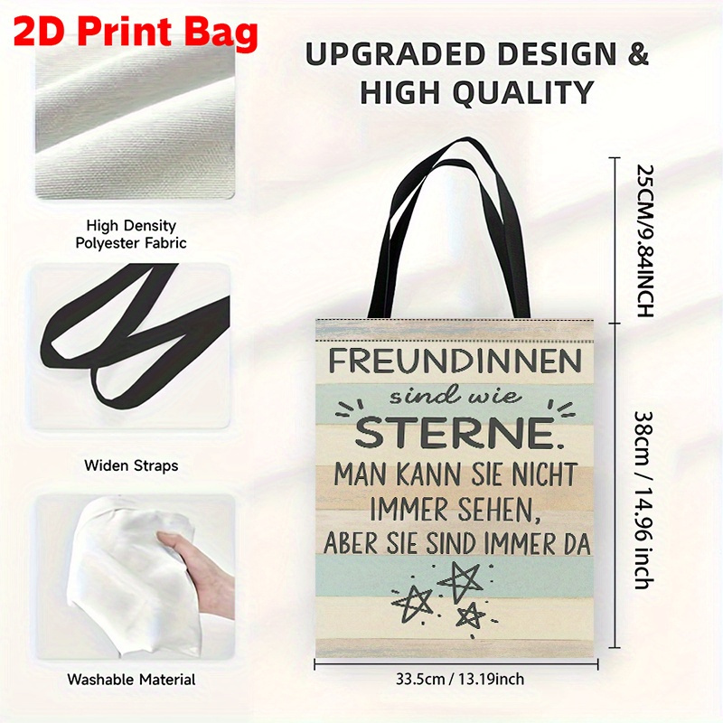 Image of 1pc German Quote Tote Bag - Funny German Saying "freundlichkeit" (friendship) With Stars - Open Top Shoulder Bag For Women, Beach Travel, Everyday & Christmas Gifts - Durable, Lightweight Purse