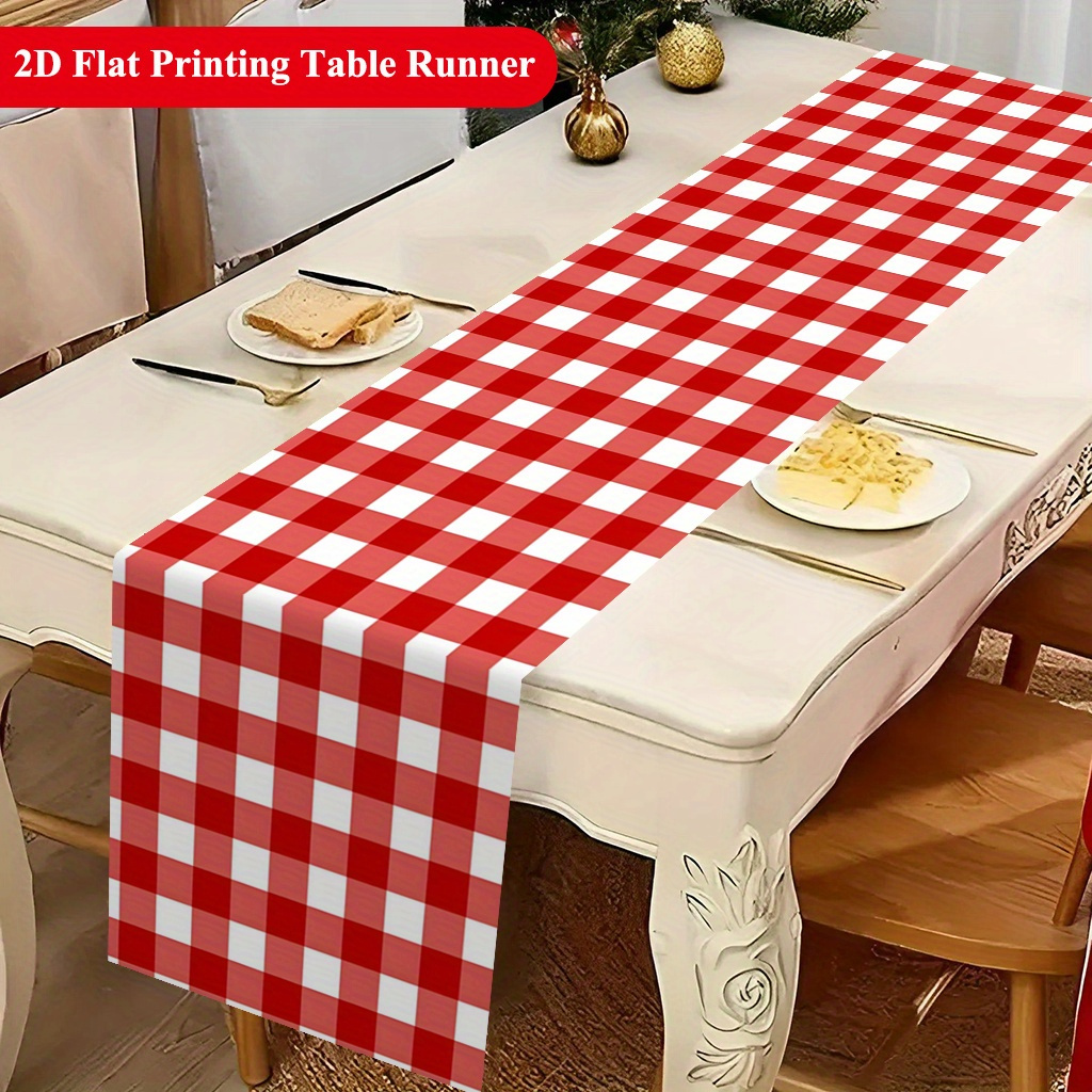 TEMU 1pc 2d Runner, Red And White Checkered Fabric Design, Durable Polyester Table Runner, Rectangular, Suitable For Dining Tables, Kitchens, Dining