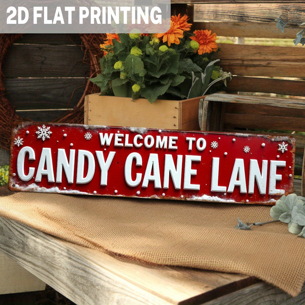 TEMU Plaque métallique rustique " à Candy Cane Lane" - Décoration murale de Noël - 1 pièce - 2D plat - 3,93x15,74 pouces - Pour décoration de Noël,